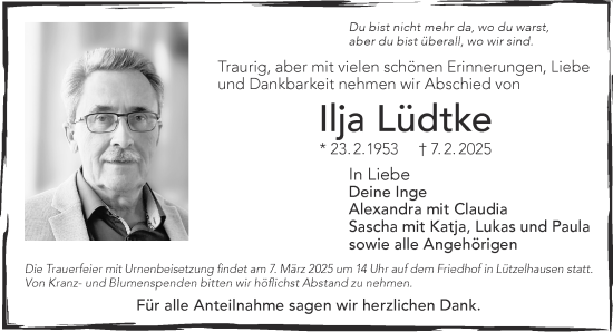 Traueranzeige von Ilja Lüdtke von Mittelhessen-Bote