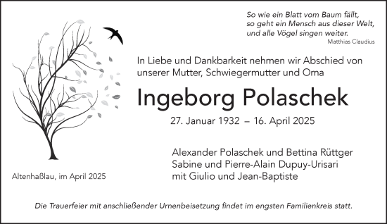 Traueranzeige von Ingeborg Polaschek von Gelnhäuser Neue Zeitung