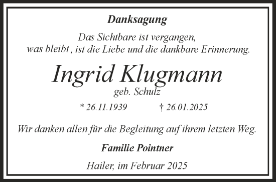 Traueranzeige von Ingrid Klugmann von Mittelhessen-Bote