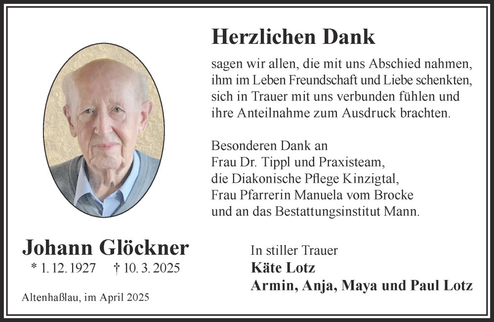  Traueranzeige für Johann Glöckner vom 19.04.2025 aus Gelnhäuser Neue Zeitung