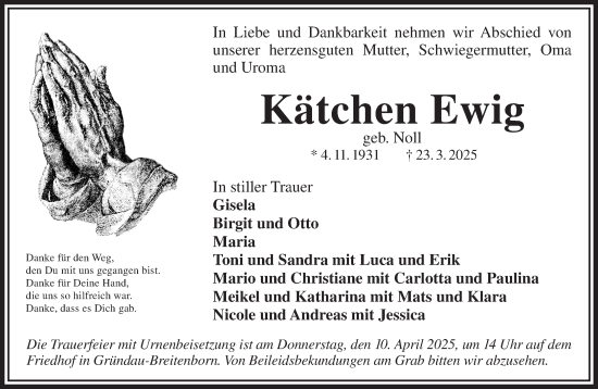 Traueranzeige von Kätchen Ewig von Gelnhäuser Neue Zeitung