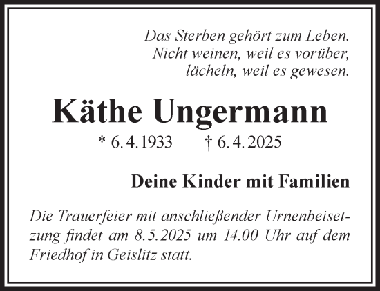 Traueranzeige von Käthe Ungermann von Gelnhäuser Neue Zeitung