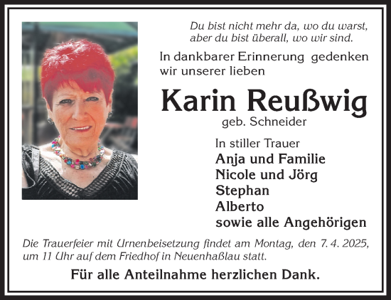 Traueranzeige von Karin Reußwig von Gelnhäuser Neue Zeitung