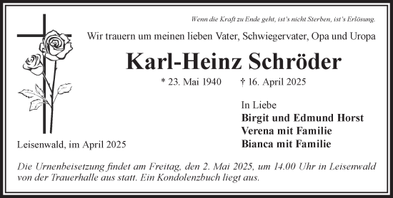 Traueranzeige von Karl-Heinz Schröder von Gelnhäuser Neue Zeitung
