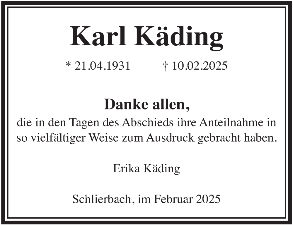  Traueranzeige für Karl Käding vom 01.03.2025 aus Gelnhäuser Neue Zeitung