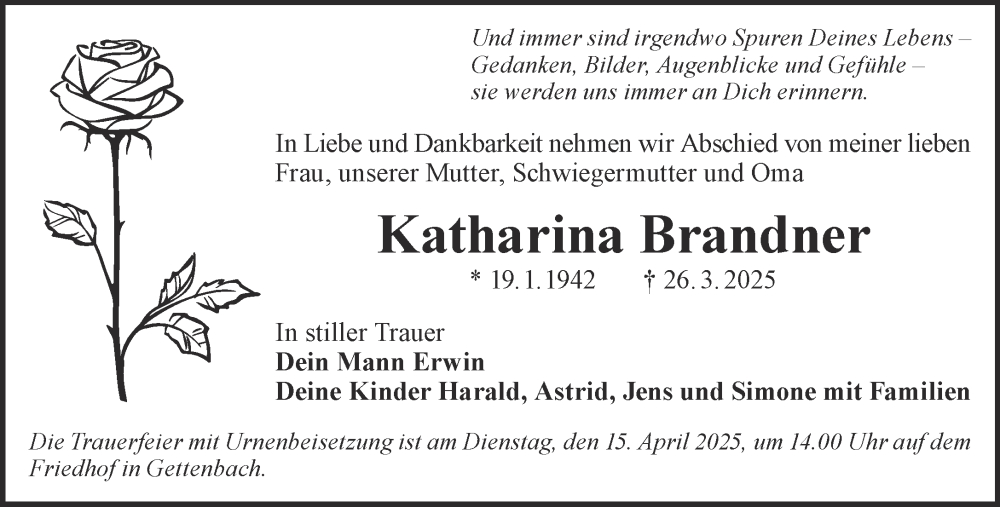  Traueranzeige für Katharina Brandner vom 12.04.2025 aus Gelnhäuser Neue Zeitung