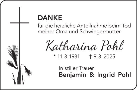 Traueranzeige von Katharina Pohl von Gelnhäuser Neue Zeitung