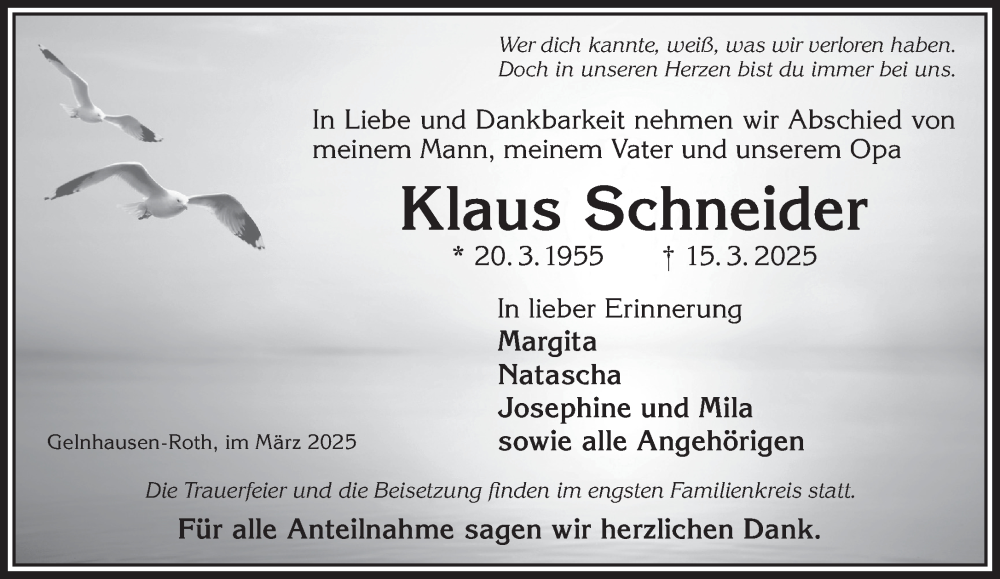  Traueranzeige für Klaus Schneider vom 05.04.2025 aus Gelnhäuser Neue Zeitung