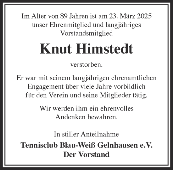 Traueranzeige von Knut Himstedt von Mittelhessen-Bote