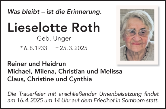 Traueranzeige von Lieselotte Roth von Gelnhäuser Neue Zeitung