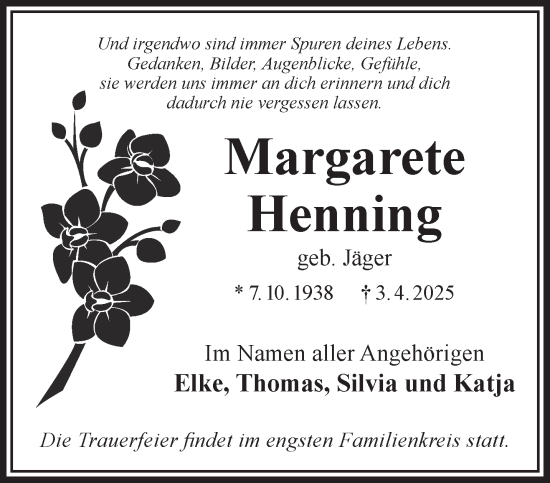 Traueranzeige von Margarete Henning von Gelnhäuser Neue Zeitung