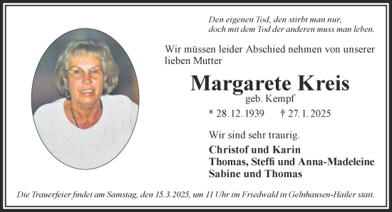 Traueranzeige von Margarete Kreis von Gelnhäuser Neue Zeitung
