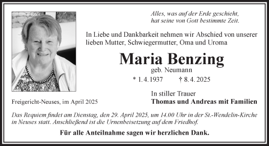 Traueranzeige von Maria Benzing von Gelnhäuser Neue Zeitung