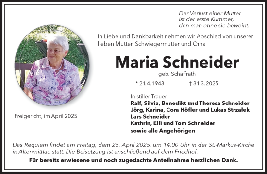 Traueranzeige von Maria Schneider von Gelnhäuser Neue Zeitung