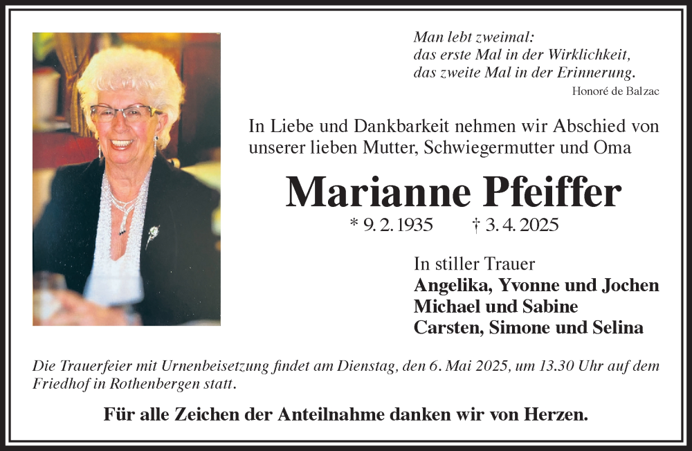  Traueranzeige für Marianne Pfeiffer vom 26.04.2025 aus Gelnhäuser Neue Zeitung