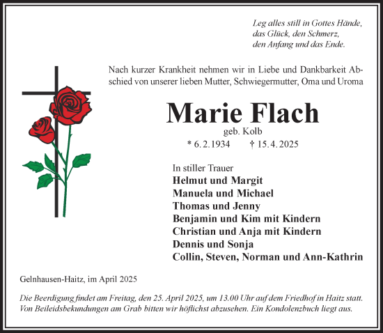 Traueranzeige von Marie Flach von Gelnhäuser Neue Zeitung