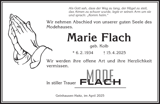 Traueranzeige von Marie Flach von Gelnhäuser Neue Zeitung
