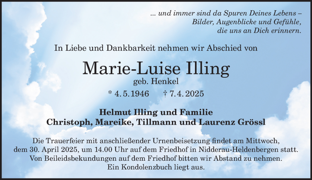  Traueranzeige für Marie-Luise Illing vom 19.04.2025 aus Gelnhäuser Neue Zeitung