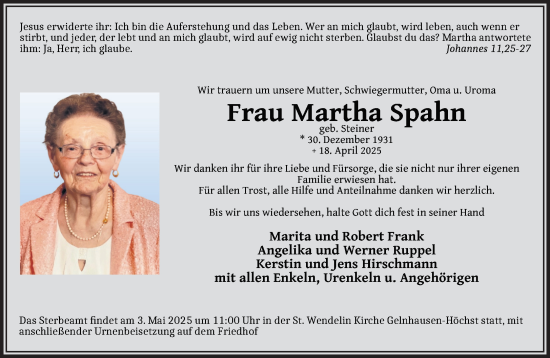 Traueranzeige von Martha Spahn von Gelnhäuser Neue Zeitung
