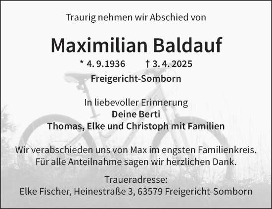 Traueranzeige von Maximilian Baldauf von Gelnhäuser Neue Zeitung