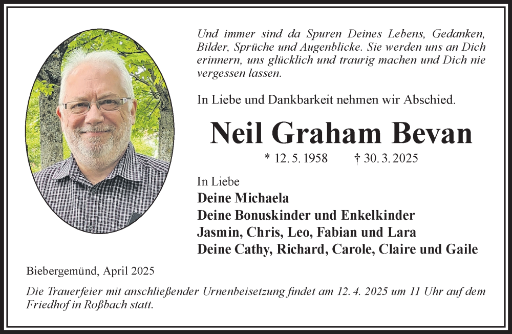  Traueranzeige für Neil Graham Bevan vom 08.04.2025 aus Gelnhäuser Neue Zeitung
