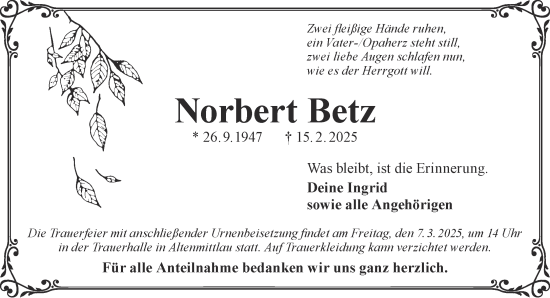 Traueranzeige von Norbert Betz von Mittelhessen-Bote