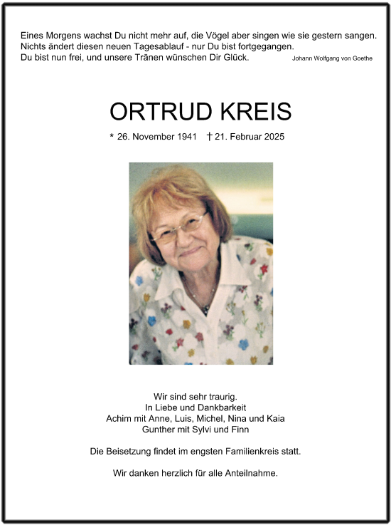 Traueranzeige von Ortrud Kreis von Gelnhäuser Neue Zeitung