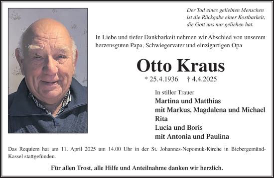 Traueranzeige von Otto Kraus von Mittelhessen-Bote