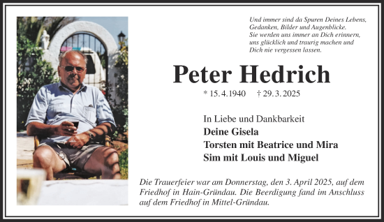Traueranzeige von Peter Hedrich von Mittelhessen-Bote