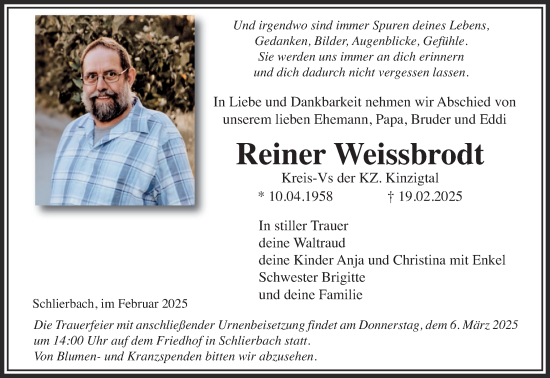 Traueranzeige von Reiner Weissbrodt von Gelnhäuser Neue Zeitung