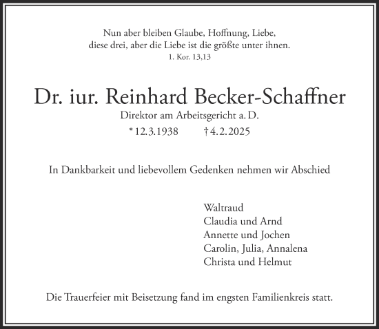 Traueranzeige von Reinhard Becker-Schaffner von Gelnhäuser Neue Zeitung