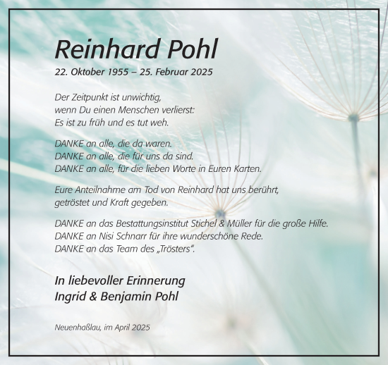 Traueranzeige von Reinhard Pohl von Gelnhäuser Neue Zeitung