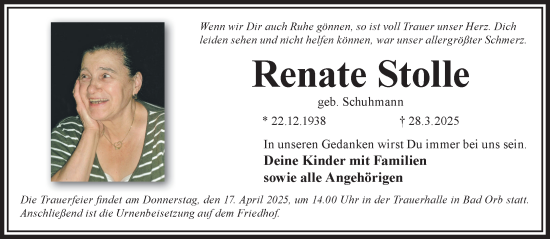 Traueranzeige von Renate Stolle von Gelnhäuser Neue Zeitung
