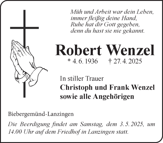Traueranzeige von Robert Wenzel von Gelnhäuser Neue Zeitung