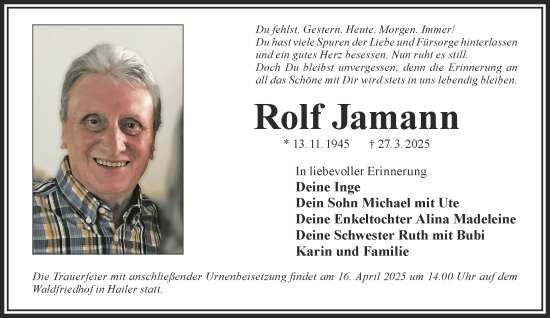 Traueranzeige von Rolf Jamann von Gelnhäuser Neue Zeitung