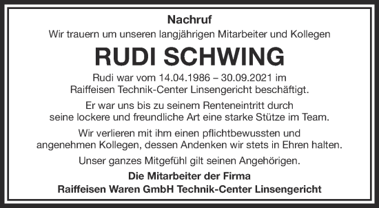 Traueranzeige von Rudi Schwing von Gelnhäuser Neue Zeitung