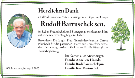 Traueranzeige von Rudolf Bartuschek von Gelnhäuser Neue Zeitung
