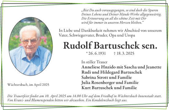 Traueranzeige von Rudolf Bartuschek von Gelnhäuser Neue Zeitung