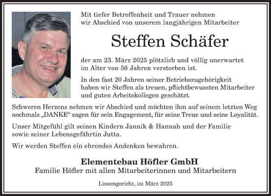 Traueranzeige von Steffen Schäfer von Gelnhäuser Neue Zeitung