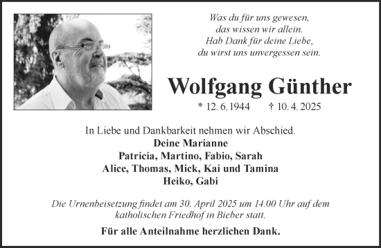 Traueranzeige von Wolfgang Günther von Gelnhäuser Neue Zeitung