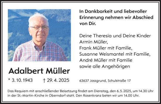 Traueranzeige von Adalbert Müller von Gelnhäuser Neue Zeitung