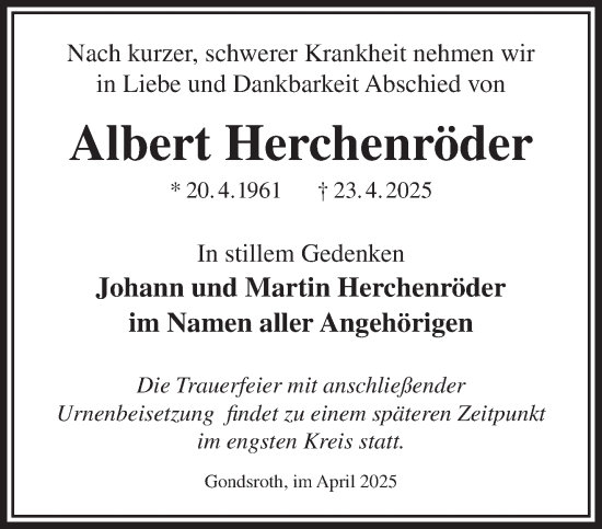 Traueranzeige von Albert Herchenröder von Gelnhäuser Neue Zeitung