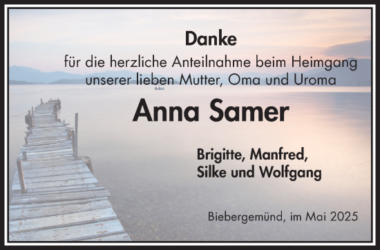 Traueranzeige von Anna Samer von Gelnhäuser Neue Zeitung