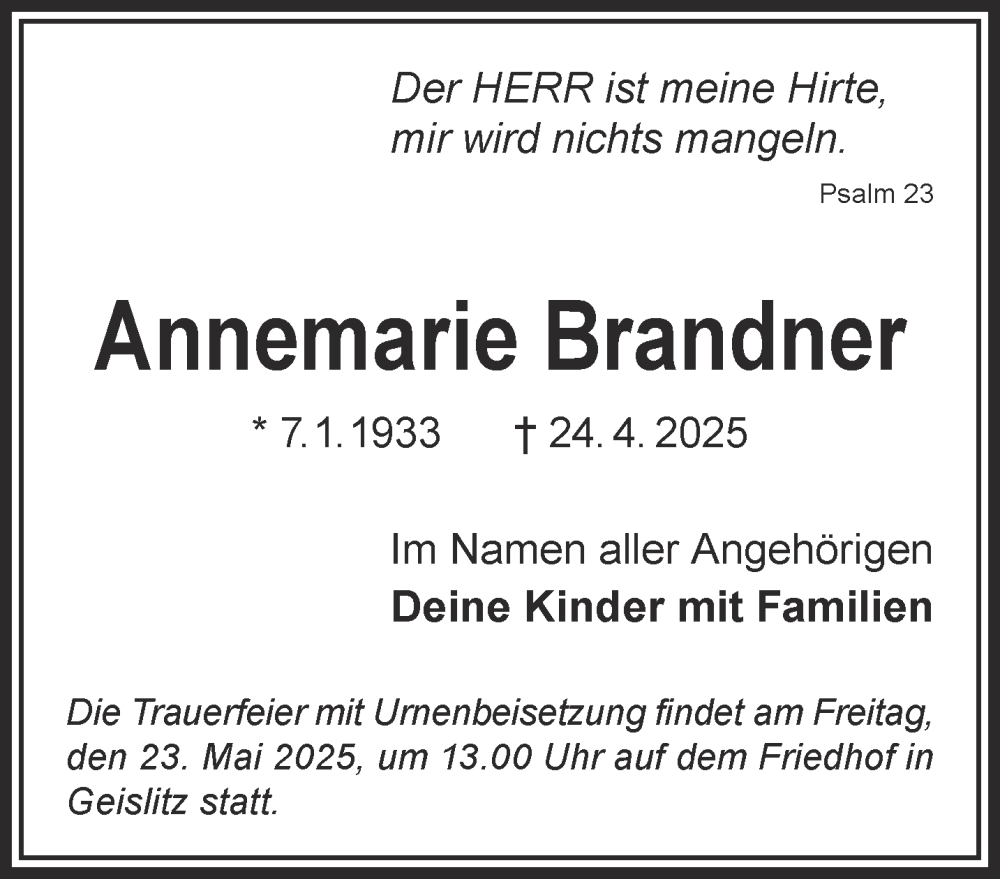  Traueranzeige für Annemarie Brandner vom 10.05.2025 aus Gelnhäuser Neue Zeitung
