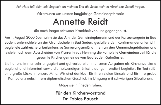 Traueranzeige von Annette Reidt von Gelnhäuser Neue Zeitung