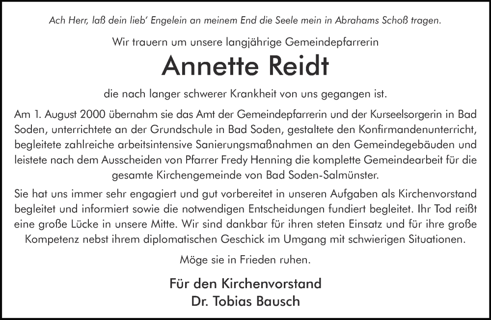  Traueranzeige für Annette Reidt vom 03.05.2025 aus Gelnhäuser Neue Zeitung