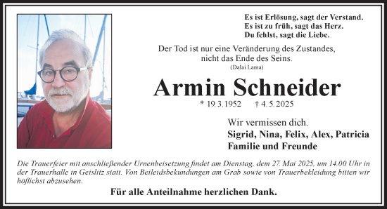 Traueranzeige von Armin Schneider von Gelnhäuser Neue Zeitung