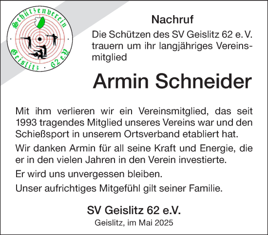 Traueranzeige von Armin Schneider von Gelnhäuser Neue Zeitung
