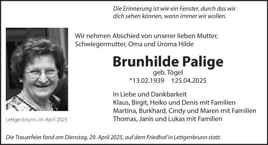 Traueranzeige von Brunhilde Palige von Mittelhessen-Bote