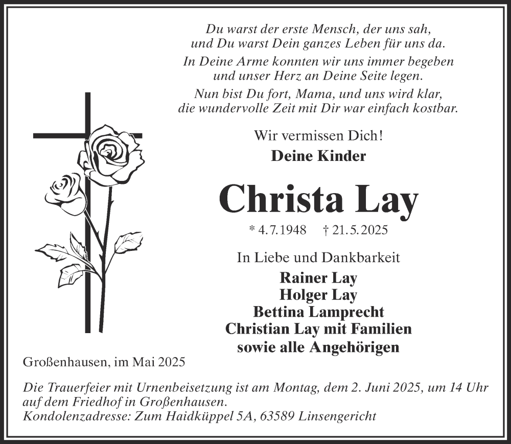  Traueranzeige für Christa Lay vom 31.05.2025 aus Mittelhessen-Bote